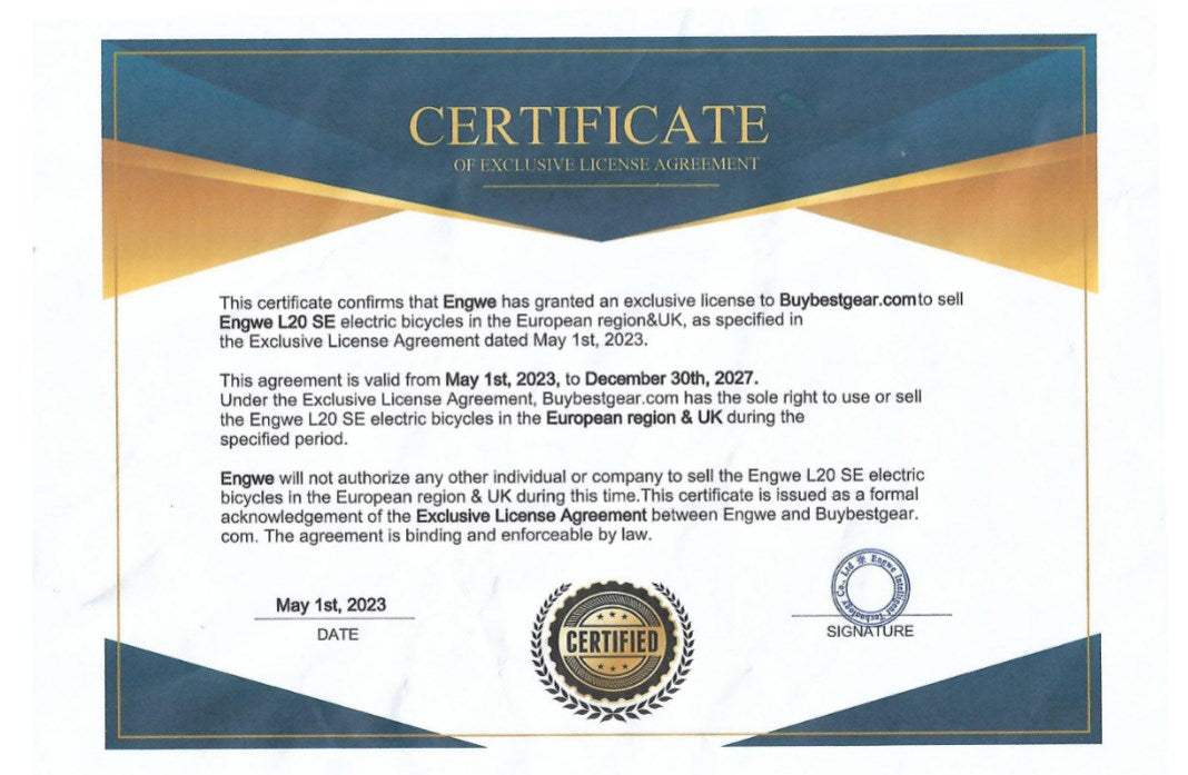 Exclusive License Agreement for Engwe L20 SE Electric Bike